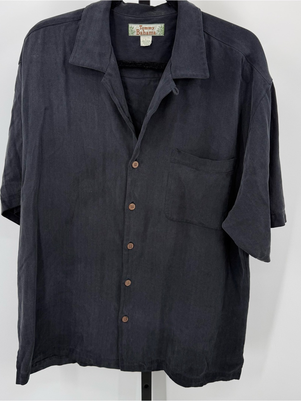 Vintage Tommy Bahama Hawaiian Herringbone Silk Camp Shirt Black Large